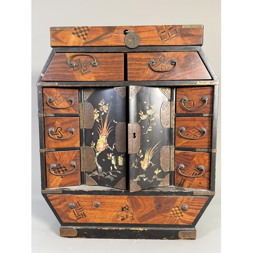 818 - An early/mid 20th century Japanese marquetry and lacquered table top jewellery cabinet with mother o... 