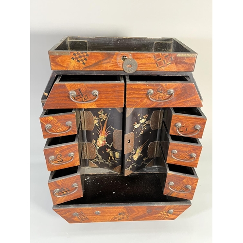 818 - An early/mid 20th century Japanese marquetry and lacquered table top jewellery cabinet with mother o... 