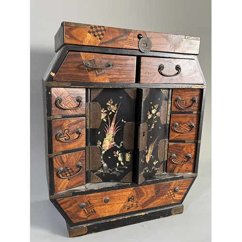 818 - An early/mid 20th century Japanese marquetry and lacquered table top jewellery cabinet with mother o... 