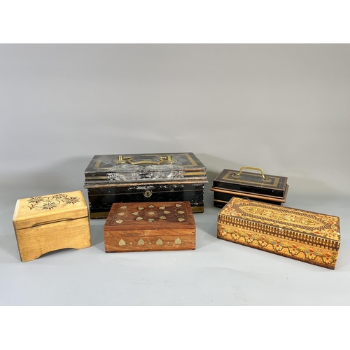 830 - Five vintage boxes, two black metal cash tins, one Indian sheesham and brass inlaid trinket box, one... 