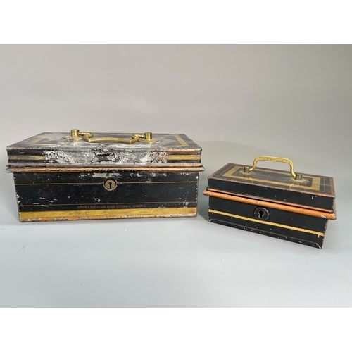 830 - Five vintage boxes, two black metal cash tins, one Indian sheesham and brass inlaid trinket box, one... 