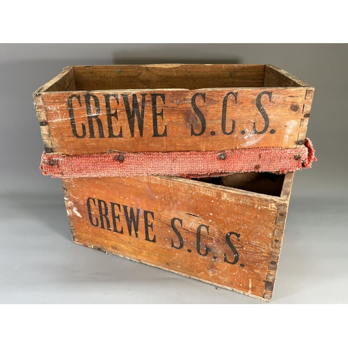 832 - Two vintage painted pine crates stamped Crewe S.C.S. - largest approx. 22cm high x 45.5cm wide x 24c... 