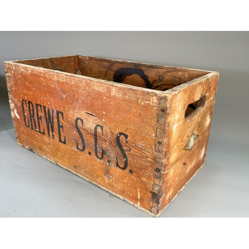 832 - Two vintage painted pine crates stamped Crewe S.C.S. - largest approx. 22cm high x 45.5cm wide x 24c... 