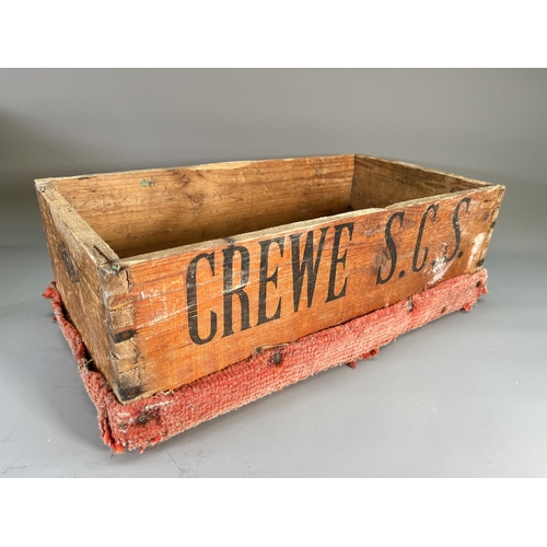 832 - Two vintage painted pine crates stamped Crewe S.C.S. - largest approx. 22cm high x 45.5cm wide x 24c... 