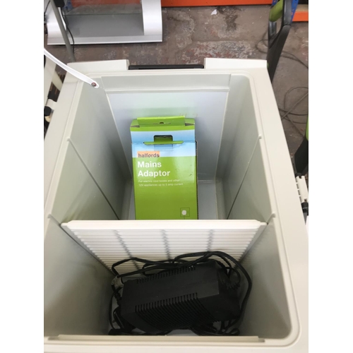 1575 - A Halfords FD-28B-12 electric cool box with mains adapter - approx. 32.5cm wide x 49cm deep