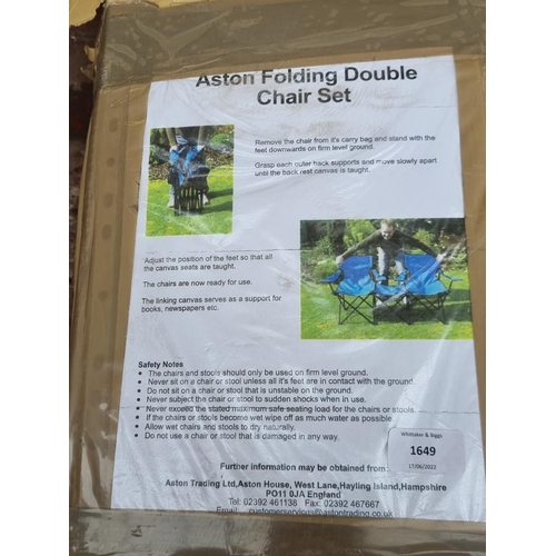 1649 - Two items, one boxed Aston folding double chair and table set and one tripod folding chair