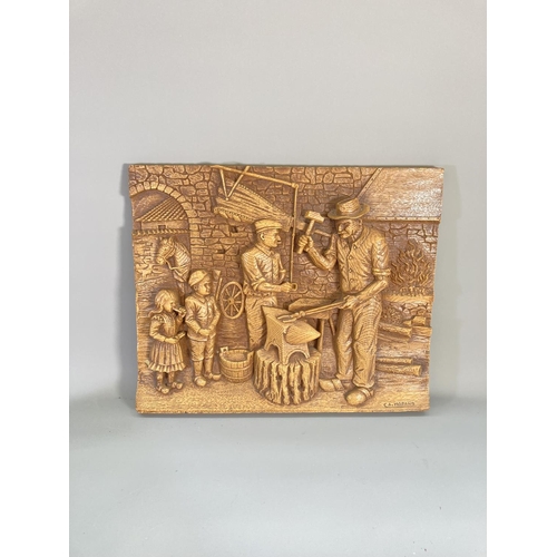 839 - Four vintage wall plaques to include oak effect blacksmith scene signed CA. Morand - approx. 42cm wi... 