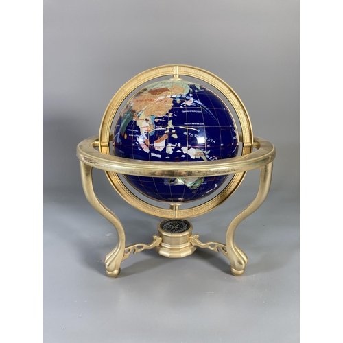 847 - A miniature brass and semi-precious stone globe with lower compass - approx. 27cm high x 25cm diamet... 