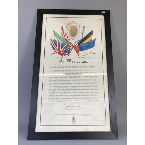 853 - A framed hand-painted letter in memory of Sergeant Percy Edwards of the Kings Light Infantry Regimen... 