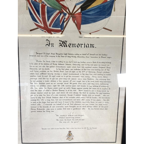 853 - A framed hand-painted letter in memory of Sergeant Percy Edwards of the Kings Light Infantry Regimen... 