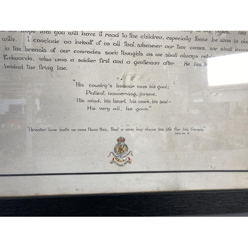 853 - A framed hand-painted letter in memory of Sergeant Percy Edwards of the Kings Light Infantry Regimen... 