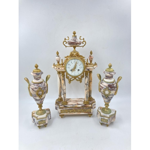 799 - A Louis XVI style marble and gilt metal chiming mantel clock and garniture set - clock approx. 51cm ... 