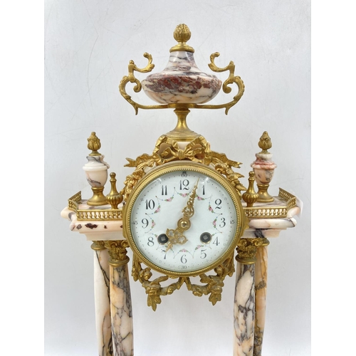 799 - A Louis XVI style marble and gilt metal chiming mantel clock and garniture set - clock approx. 51cm ... 