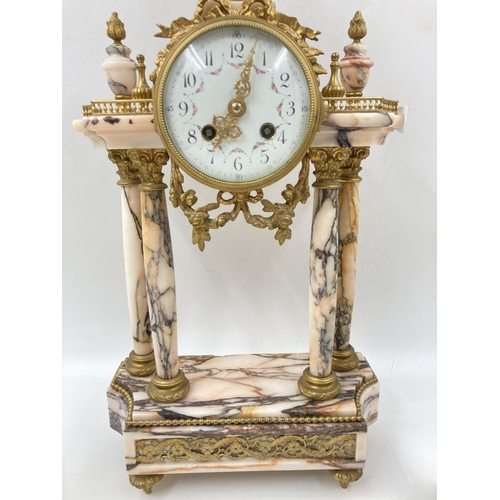 799 - A Louis XVI style marble and gilt metal chiming mantel clock and garniture set - clock approx. 51cm ... 