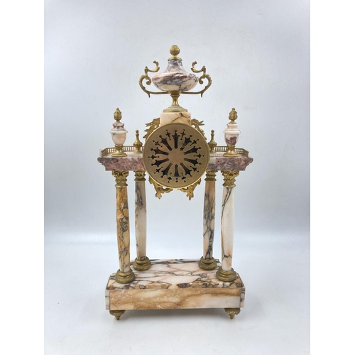 799 - A Louis XVI style marble and gilt metal chiming mantel clock and garniture set - clock approx. 51cm ... 