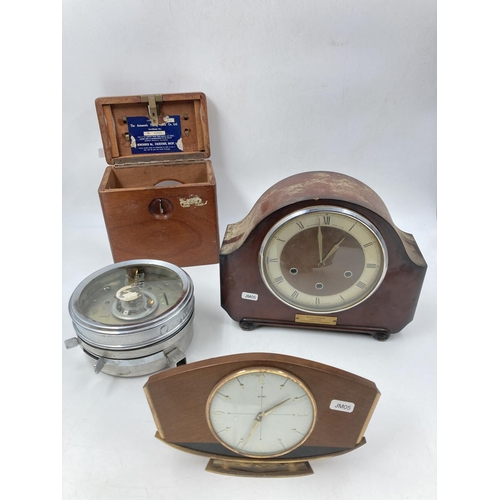 807 - Three early/mid 20th century clocks comprising 1950's Metamec teak and brass cased mantel clock, 193... 