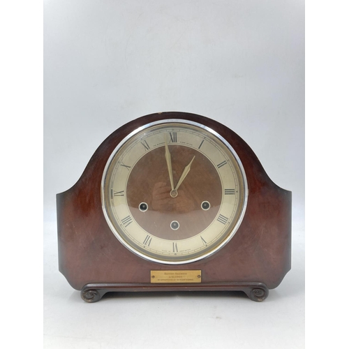 807 - Three early/mid 20th century clocks comprising 1950's Metamec teak and brass cased mantel clock, 193... 