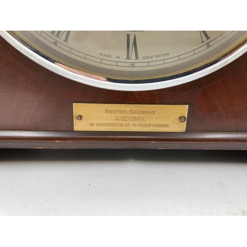 807 - Three early/mid 20th century clocks comprising 1950's Metamec teak and brass cased mantel clock, 193... 