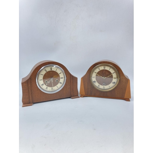 810 - Two mid 20th century mantel clocks, one 1940s oak cased chiming and one 1950s Bentima walnut Westmin... 