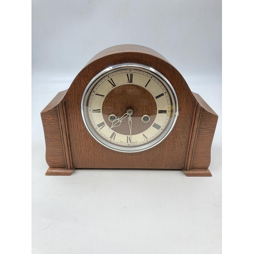 810 - Two mid 20th century mantel clocks, one 1940s oak cased chiming and one 1950s Bentima walnut Westmin... 