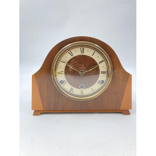 810 - Two mid 20th century mantel clocks, one 1940s oak cased chiming and one 1950s Bentima walnut Westmin... 