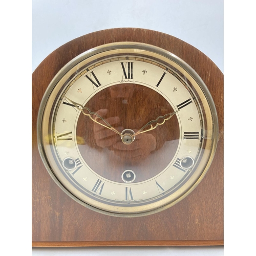 810 - Two mid 20th century mantel clocks, one 1940s oak cased chiming and one 1950s Bentima walnut Westmin... 