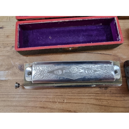 1399 - Three vintage Hohner harmonicas, one boxed The Super Chromonica (key of C), one wooden cased The Chr... 