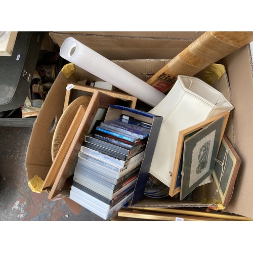 1802 - Six boxes containing a collection of assorted house clearance items to include studio pottery bowl, ... 