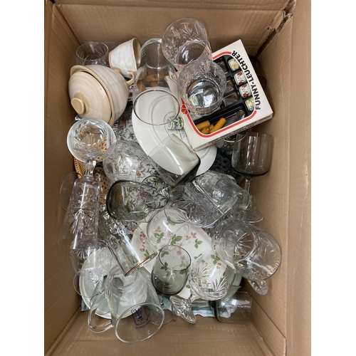 1802 - Six boxes containing a collection of assorted house clearance items to include studio pottery bowl, ... 