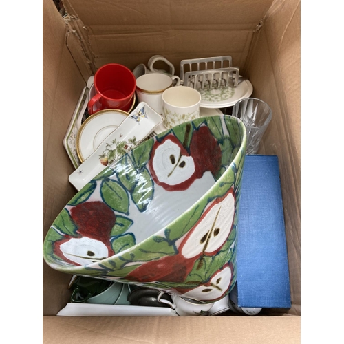 1802 - Six boxes containing a collection of assorted house clearance items to include studio pottery bowl, ... 