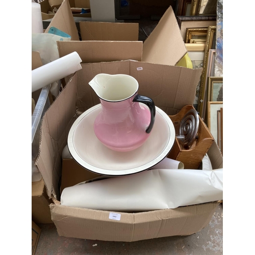 1802 - Six boxes containing a collection of assorted house clearance items to include studio pottery bowl, ... 