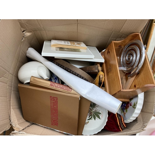 1802 - Six boxes containing a collection of assorted house clearance items to include studio pottery bowl, ... 