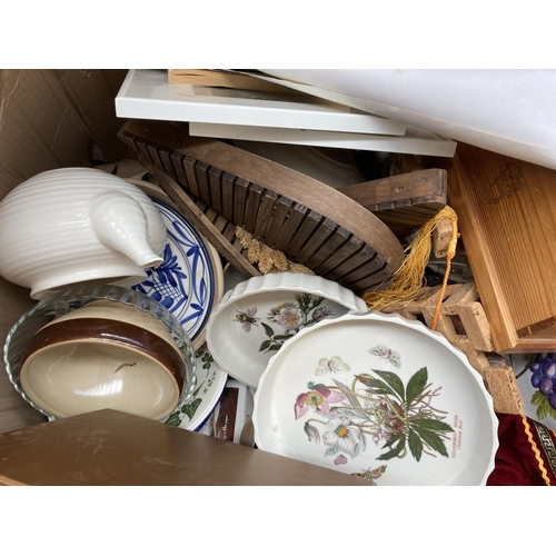 1802 - Six boxes containing a collection of assorted house clearance items to include studio pottery bowl, ... 