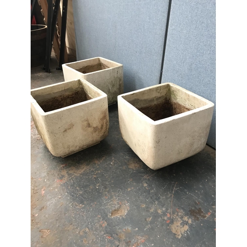 1704 - Three matching square fibre glass garden planters - approx. 32cm high x 36cm square