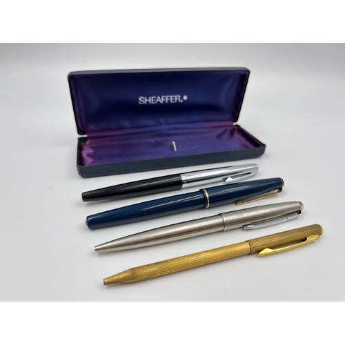 126A - Four assorted pens, Parker retractable ball point, Parker 17 fountain, Sheaffer fountain and Platign... 