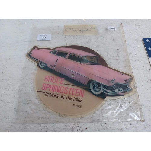 1374 - Three Bruce Springsteen vinyl records, one 'Dancing In the Dark' b/w 'Pink Cadillac' shaped picture ... 