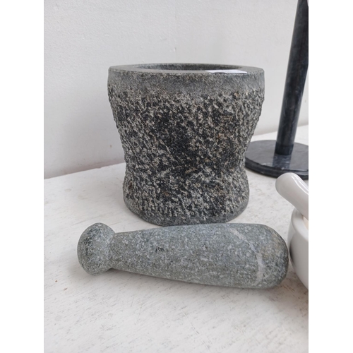 1546 - Four kitchen items, one large granite mortar and pestle, one small green marble mortar and pestle, o... 