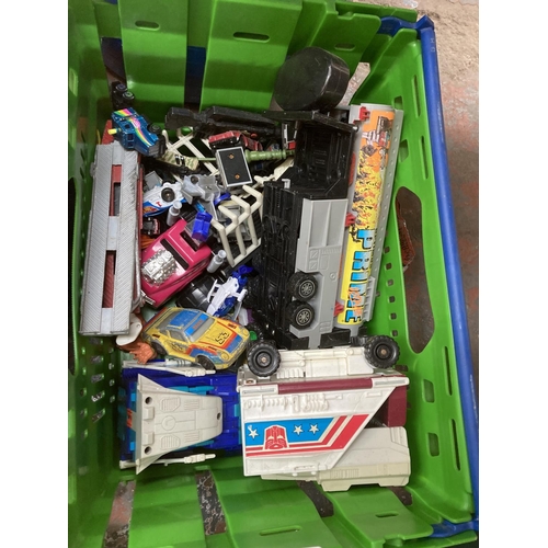 1808 - Four boxes containing assorted toys to include Lego, diecast model vehicles, Action Man figurine wit... 