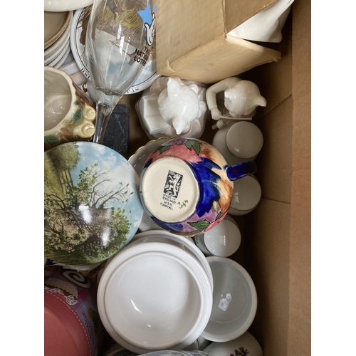 1812 - Two boxes containing assorted ceramics to include four Portmeirion Reflections tea cups, Crown Devon... 