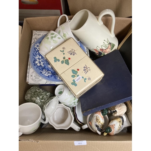 1812 - Two boxes containing assorted ceramics to include four Portmeirion Reflections tea cups, Crown Devon... 