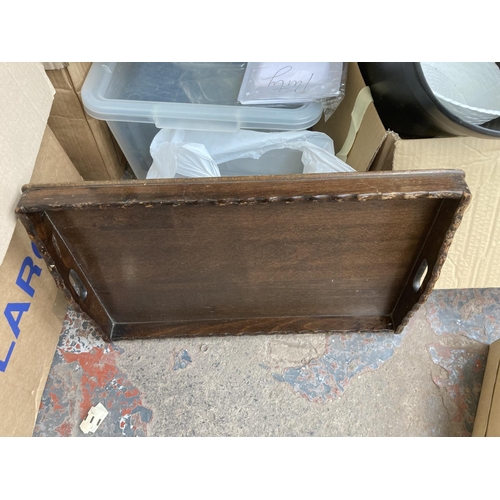 1815 - Four boxes containing assorted house clearance items to include vintage oak framed bevel edged wall ... 