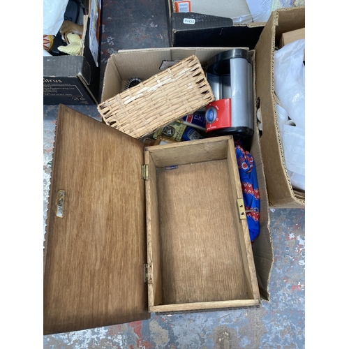 1825 - Six boxes containing general house clearance items to include mid 20th century oak work box, gift ca... 