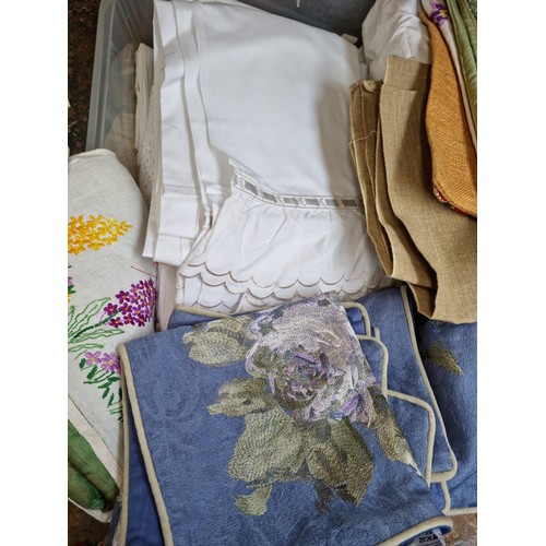 1813 - Two boxes containing knitting books, linen, cushion covers, sewing accessories etc.