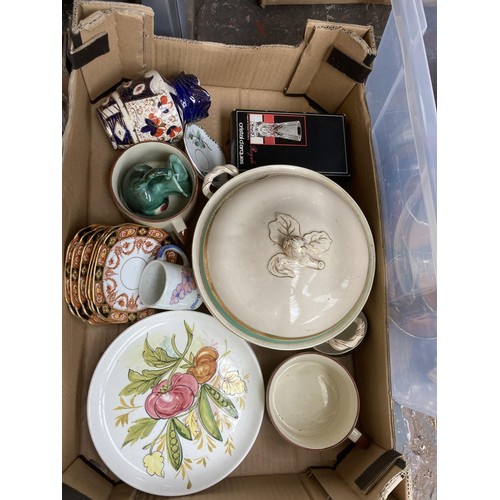 1813A - Seven boxes containing assorted items to include Wedgwood pale blue Jasperware trinket dish and box,... 