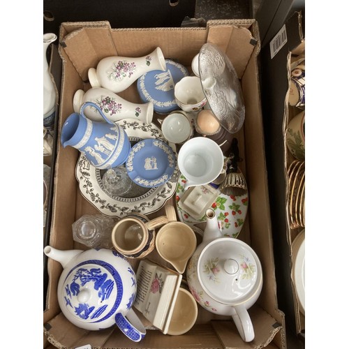 1813A - Seven boxes containing assorted items to include Wedgwood pale blue Jasperware trinket dish and box,... 