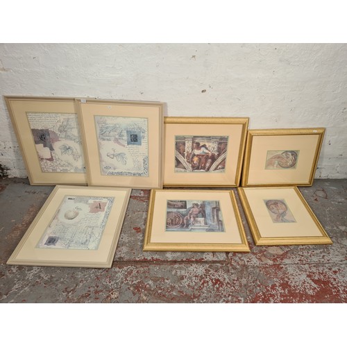 1203A - Seven various framed prints, five classical themed and two Art Nouveau style