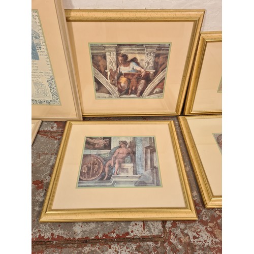 1203A - Seven various framed prints, five classical themed and two Art Nouveau style