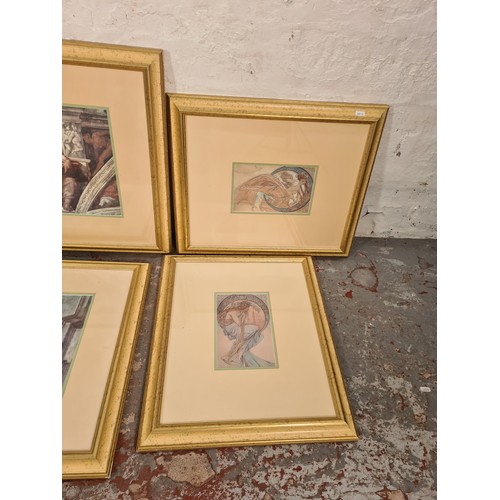 1203A - Seven various framed prints, five classical themed and two Art Nouveau style