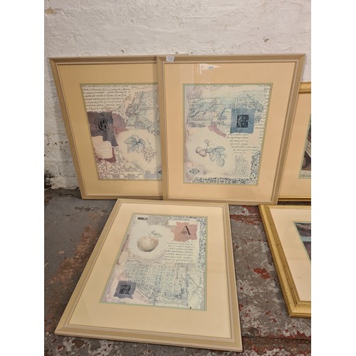 1203A - Seven various framed prints, five classical themed and two Art Nouveau style