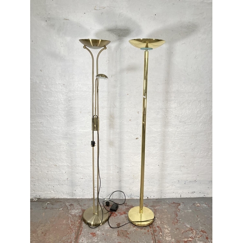 1178B - Two modern standard lamps, one brass effect - approx. 180cm high and one brushed steel effect with r... 